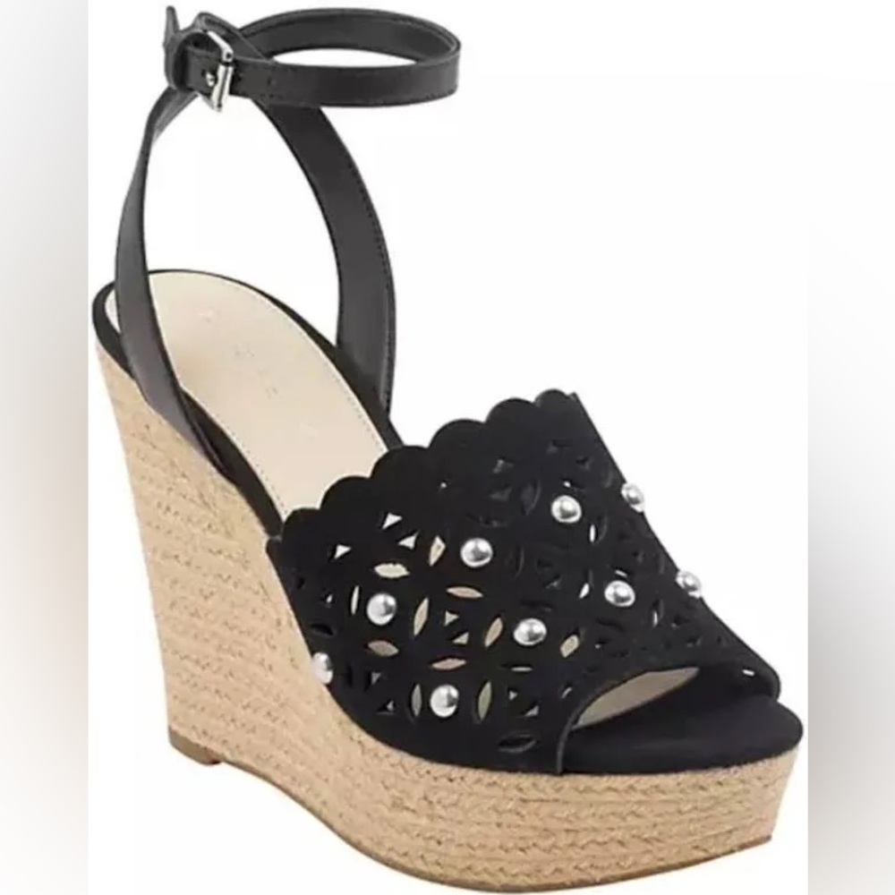 NEW Marc Fisher Hata Black Suede Studded Chunky Platform Wedge Sandals Size 7